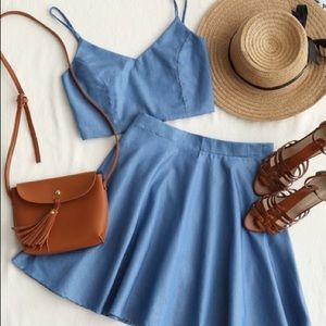 Smocked crop cami top and skirt set in denim blue